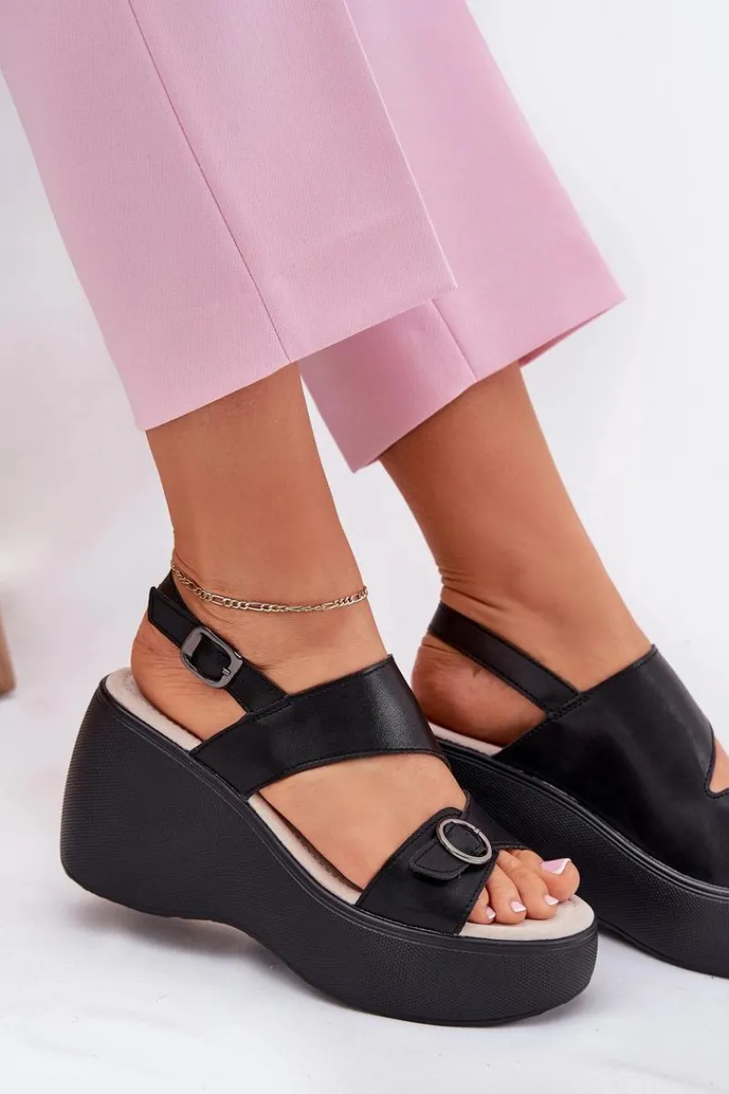 Skórzane Sandały Damskie Na Koturnie I Platformie S.Barski LR51-540 Czarne Damskie Sandały Na Koturnie