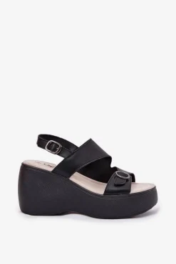 Skórzane Sandały Damskie Na Koturnie I Platformie S.Barski LR51-540 Czarne Damskie Sandały Na Koturnie