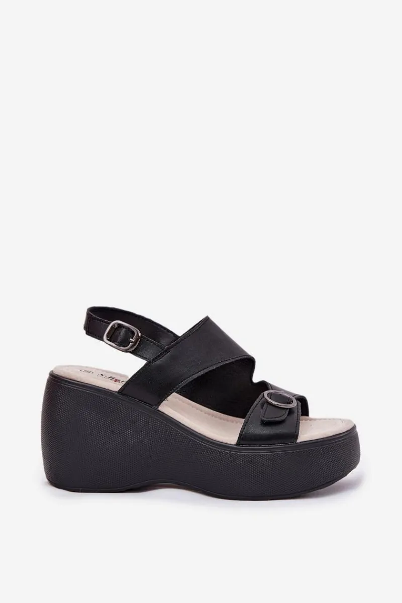 Skórzane Sandały Damskie Na Koturnie I Platformie S.Barski LR51-540 Czarne Damskie Sandały Na Koturnie