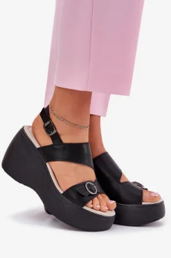Skórzane Sandały Damskie Na Koturnie I Platformie S.Barski LR51-540 Czarne Damskie Sandały Na Koturnie