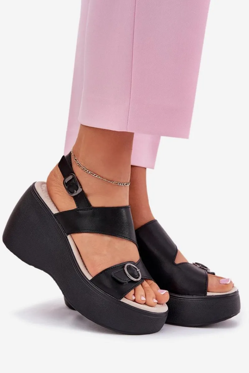 Skórzane Sandały Damskie Na Koturnie I Platformie S.Barski LR51-540 Czarne Damskie Sandały Na Koturnie