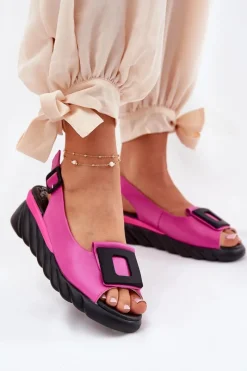 Discount Skórzane Sandały Damskie Na Koturnie z Ozdobą 56C1571 Fuksja Damskie Sandały Z Cholewką|Sandały Na Koturnie