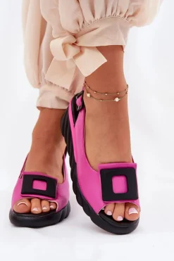 Discount Skórzane Sandały Damskie Na Koturnie z Ozdobą 56C1571 Fuksja Damskie Sandały Z Cholewką|Sandały Na Koturnie