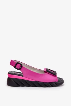 Discount Skórzane Sandały Damskie Na Koturnie z Ozdobą 56C1571 Fuksja Damskie Sandały Z Cholewką|Sandały Na Koturnie