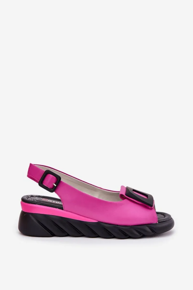 Discount Skórzane Sandały Damskie Na Koturnie z Ozdobą 56C1571 Fuksja Damskie Sandały Z Cholewką|Sandały Na Koturnie