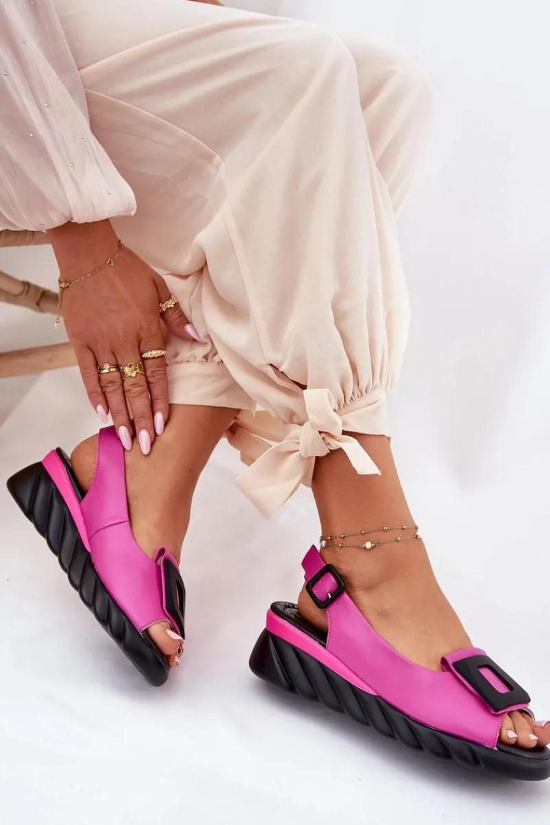 Discount Skórzane Sandały Damskie Na Koturnie z Ozdobą 56C1571 Fuksja Damskie Sandały Z Cholewką|Sandały Na Koturnie