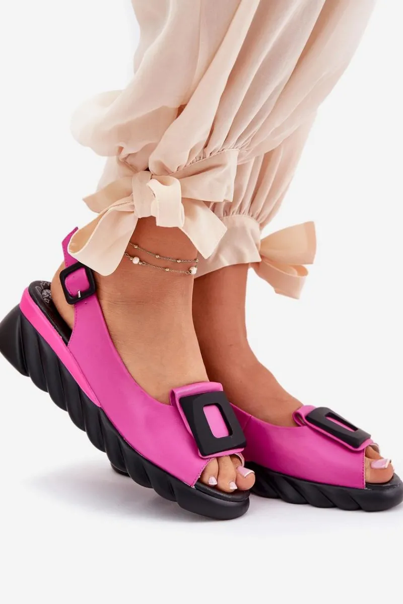 Discount Skórzane Sandały Damskie Na Koturnie z Ozdobą 56C1571 Fuksja Damskie Sandały Z Cholewką|Sandały Na Koturnie