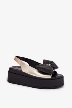 Sandały Na Koturnie|Sandały Płaskie></noscript>CheBello Skórzane Sandały Damskie Na Platformie Z Kokardą 4641 Złoto-Czarne