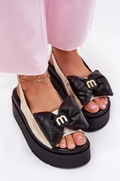 Sandały Na Koturnie|Sandały Płaskie></noscript>CheBello Skórzane Sandały Damskie Na Platformie Z Kokardą 4641 Złoto-Czarne