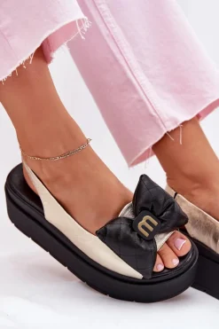 Sandały Na Koturnie|Sandały Płaskie></noscript>CheBello Skórzane Sandały Damskie Na Platformie Z Kokardą 4641 Złoto-Czarne