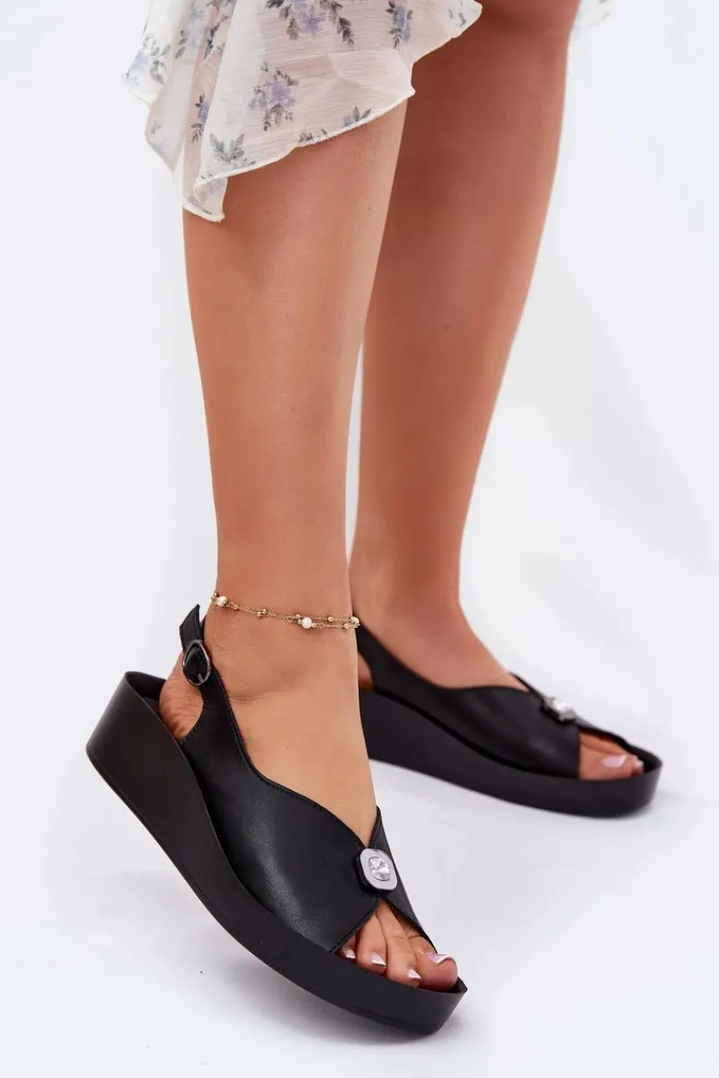 Sandały Na Koturnie>Damskie buty S.Barski Skórzane Sandały Damskie Na Koturnie I Platformie S.Barski KV51-020 Czarne Czarny