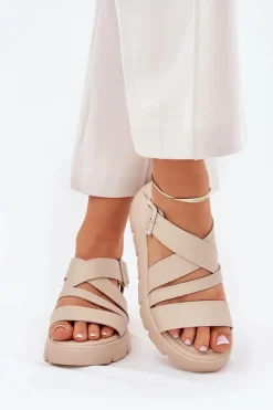 New Skórzane Sandały Damskie Na Platformie Z Klamrą Beżowe Selianae Damskie Sandały Na Koturnie|Sandały Płaskie