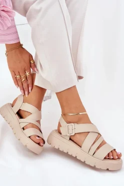 New Skórzane Sandały Damskie Na Platformie Z Klamrą Beżowe Selianae Damskie Sandały Na Koturnie|Sandały Płaskie