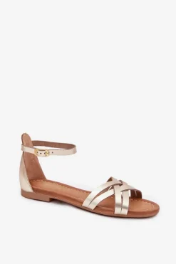 Sandały Płaskie></noscript>Maciejka Skórzane Sandały Damskie Na Płaskim Obcasie 07029-25 Złote Złoty