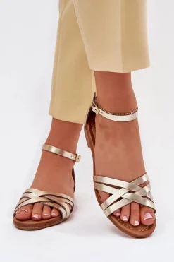 Sandały Płaskie></noscript>Maciejka Skórzane Sandały Damskie Na Płaskim Obcasie 07029-25 Złote Złoty