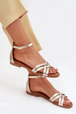 Sandały Płaskie></noscript>Maciejka Skórzane Sandały Damskie Na Płaskim Obcasie 07029-25 Złote Złoty