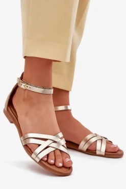 Sandały Płaskie></noscript>Maciejka Skórzane Sandały Damskie Na Płaskim Obcasie 07029-25 Złote Złoty