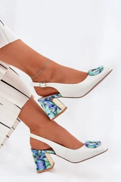 Sale Skórzane Sandały Damskie Na Słupku D&A CR51-002 Białe Damskie Sandały Na Słupku|Sandały Na Obcasie