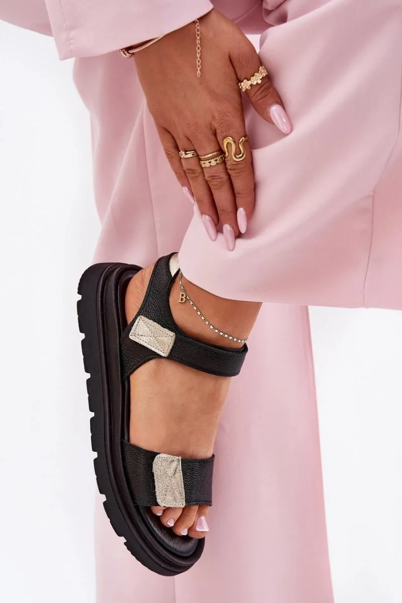 Sandały Płaskie>Zazoo Skórzane Sandały Damskie Na Platformie 40443 Czarne Czarny