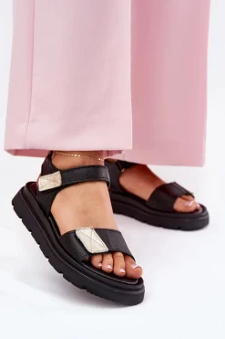 Sandały Płaskie>Zazoo Skórzane Sandały Damskie Na Platformie 40443 Czarne Czarny