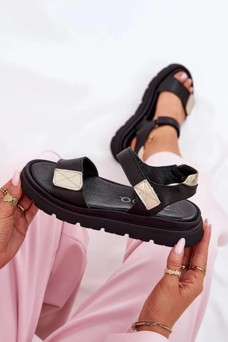 Sandały Płaskie>Zazoo Skórzane Sandały Damskie Na Platformie 40443 Czarne Czarny