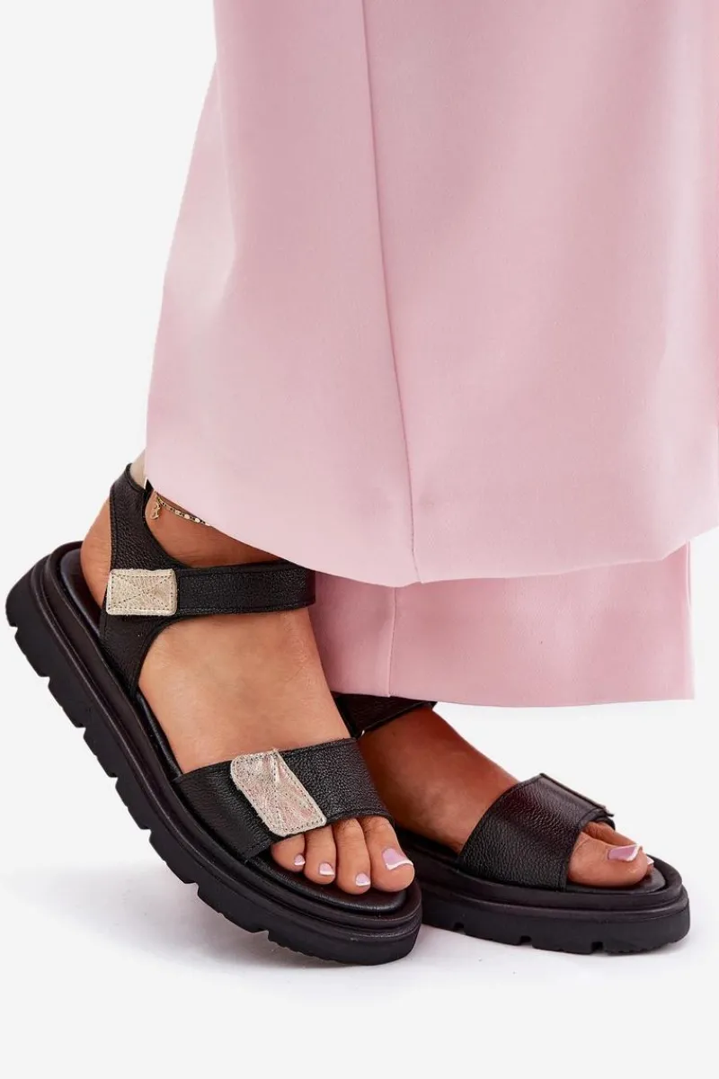 Sandały Płaskie>Zazoo Skórzane Sandały Damskie Na Platformie 40443 Czarne Czarny