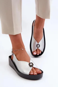 Sale Damskie buty S.Barski Skórzane Sandały Damskie Na Koturnie I Platformie S.Barski KV27-020 Srebrne