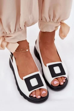 Skórzane Sandały Damskie Na Koturnie z Ozdobą 56C2157 Białe Damskie Sandały Z Cholewką|Sandały Na Koturnie