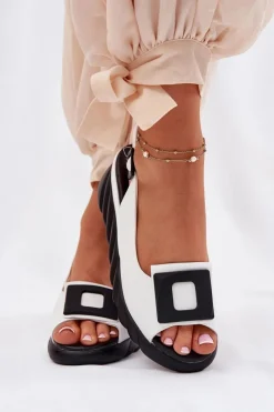 Skórzane Sandały Damskie Na Koturnie z Ozdobą 56C2157 Białe Damskie Sandały Z Cholewką|Sandały Na Koturnie