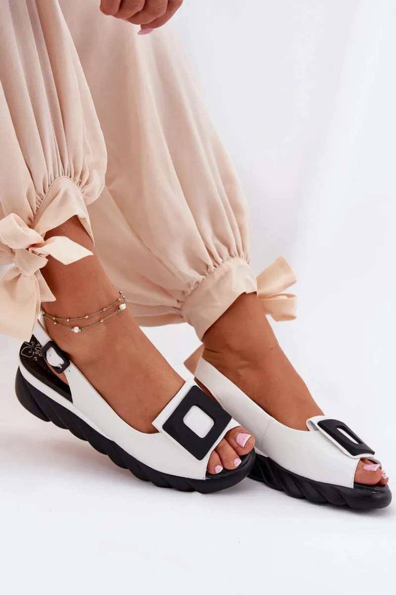 Skórzane Sandały Damskie Na Koturnie z Ozdobą 56C2157 Białe Damskie Sandały Z Cholewką|Sandały Na Koturnie