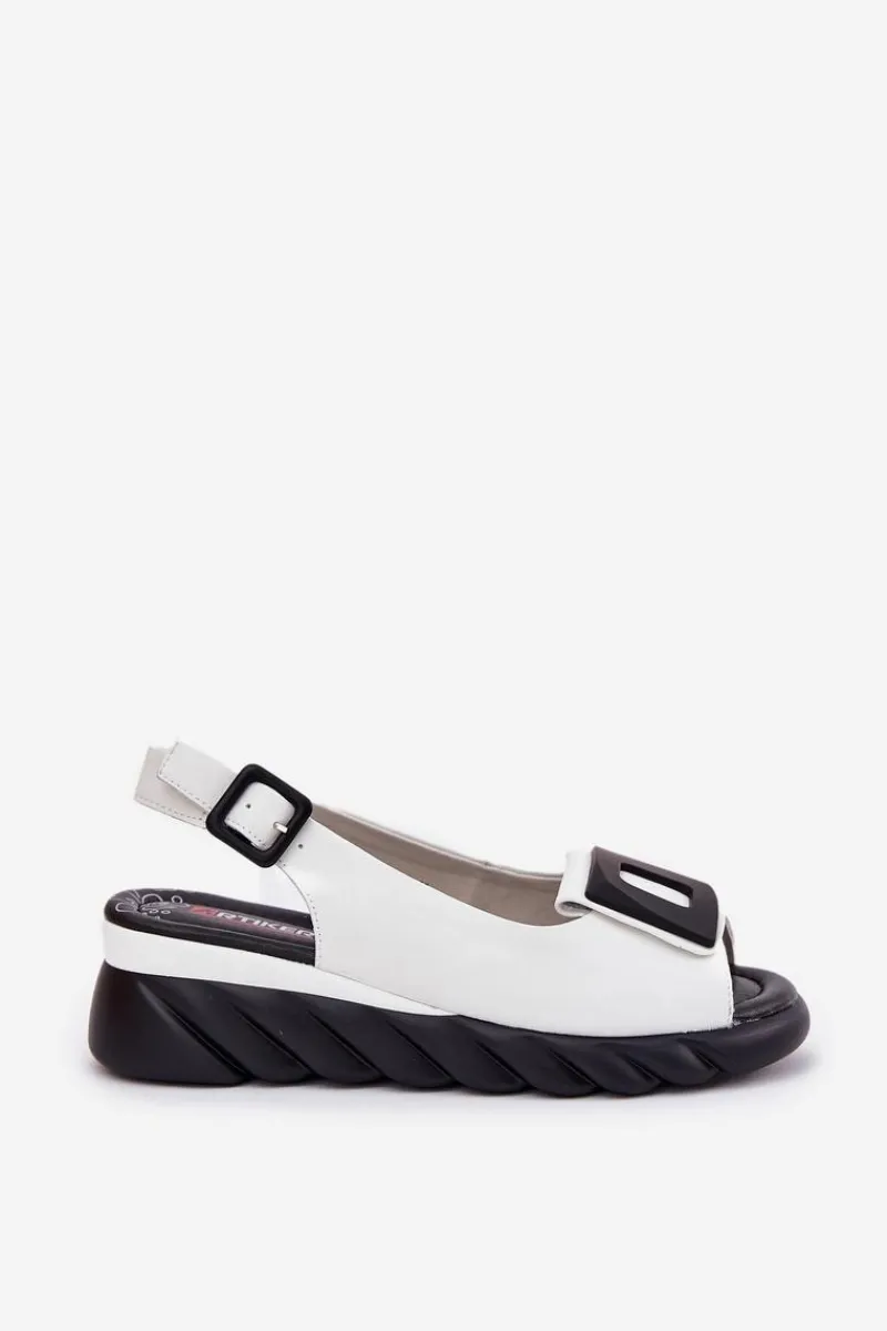 Skórzane Sandały Damskie Na Koturnie z Ozdobą 56C2157 Białe Damskie Sandały Z Cholewką|Sandały Na Koturnie