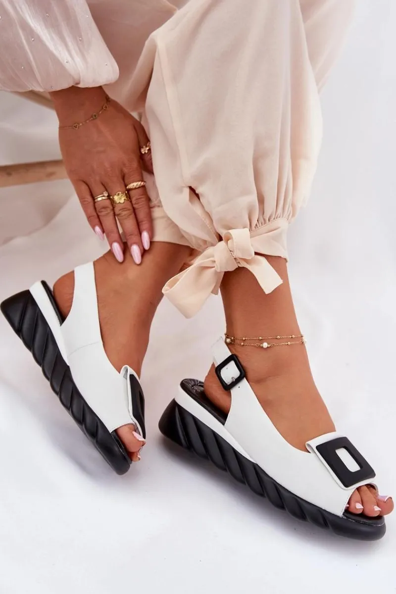 Skórzane Sandały Damskie Na Koturnie z Ozdobą 56C2157 Białe Damskie Sandały Z Cholewką|Sandały Na Koturnie