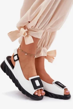 Skórzane Sandały Damskie Na Koturnie z Ozdobą 56C2157 Białe Damskie Sandały Z Cholewką|Sandały Na Koturnie
