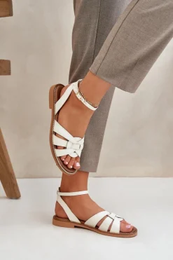 Sandały Płaskie>Boto Skórzane Sandały Damskie Na Płaskim Obcasie Zazoo 3688 Ecru Biały