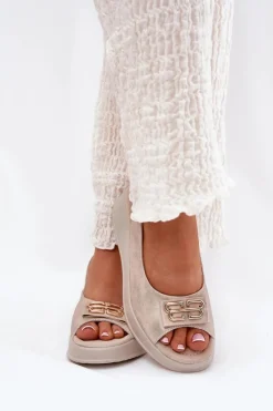 Sandały Na Koturnie>Damskie buty S.Barski Skórzane Sandały Damskie Na Koturnie Z Ozdobnym Detalem S.Barski LR51-593 Złote