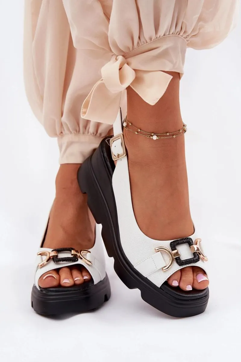 New Skórzane Sandały Damskie Na Koturnie I Platformie Z Ozdobą 56C1588 Białe Damskie Sandały Z Cholewką|Sandały Na Koturnie