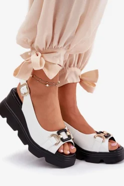 New Skórzane Sandały Damskie Na Koturnie I Platformie Z Ozdobą 56C1588 Białe Damskie Sandały Z Cholewką|Sandały Na Koturnie