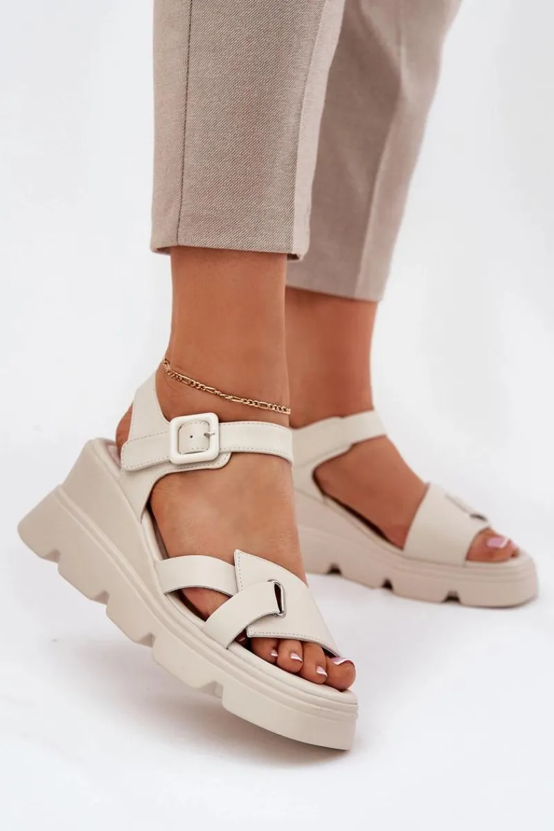 Best Boto Skórzane Sandały Damskie Na Koturnie Artiker 54C1624 Beżowe