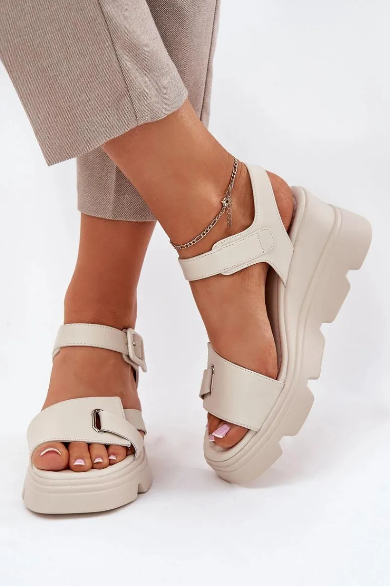 Best Boto Skórzane Sandały Damskie Na Koturnie Artiker 54C1624 Beżowe