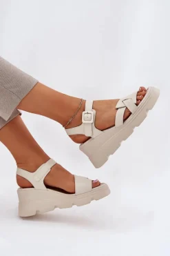 Best Boto Skórzane Sandały Damskie Na Koturnie Artiker 54C1624 Beżowe