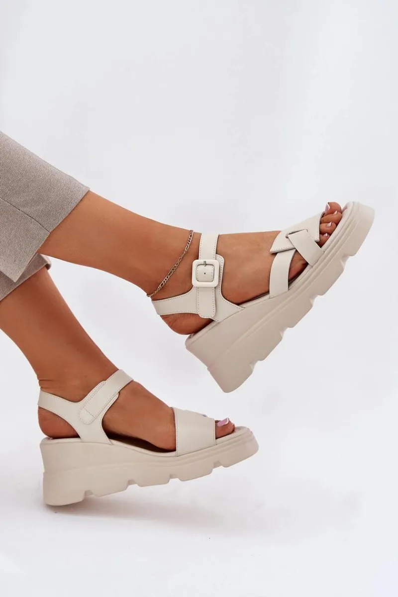 Best Boto Skórzane Sandały Damskie Na Koturnie Artiker 54C1624 Beżowe