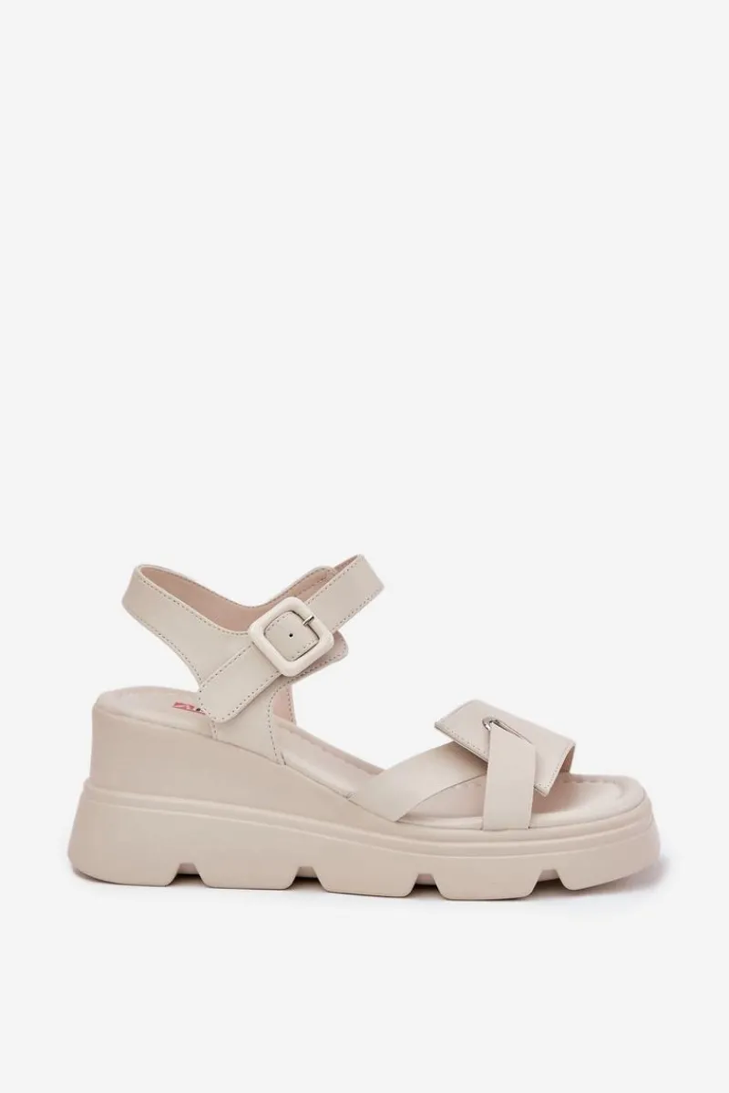 Best Boto Skórzane Sandały Damskie Na Koturnie Artiker 54C1624 Beżowe