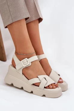 Best Boto Skórzane Sandały Damskie Na Koturnie Artiker 54C1624 Beżowe