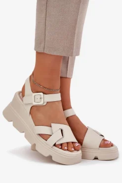 Best Boto Skórzane Sandały Damskie Na Koturnie Artiker 54C1624 Beżowe