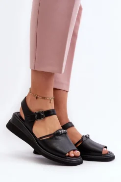 Online Skórzane Sandały Damskie Na Koturnie Vinceza 66624 Czarne Damskie Sandały Na Koturnie