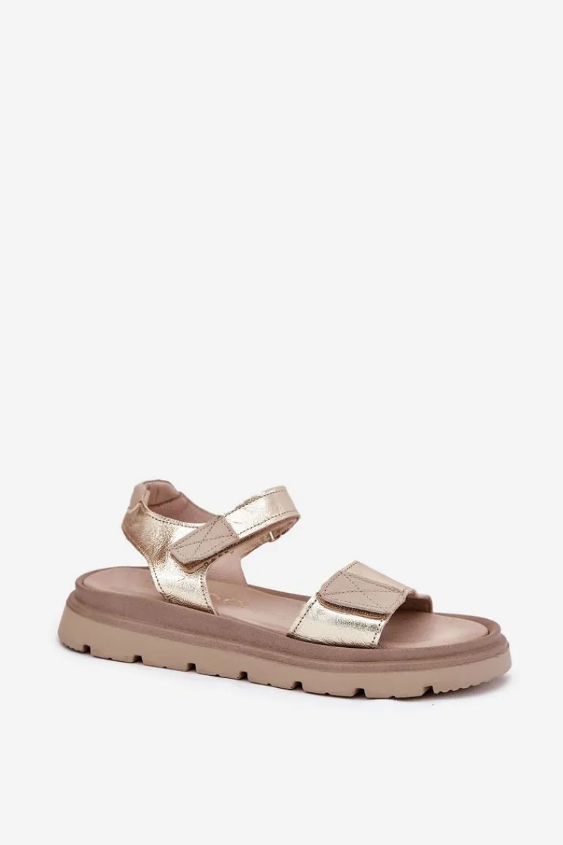 Clearance Skórzane Sandały Damskie Na Platformie 40443 Złote Damskie Sandały Płaskie