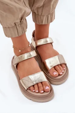Clearance Skórzane Sandały Damskie Na Platformie 40443 Złote Damskie Sandały Płaskie