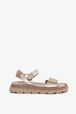 Clearance Skórzane Sandały Damskie Na Platformie 40443 Złote Damskie Sandały Płaskie