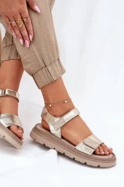 Clearance Skórzane Sandały Damskie Na Platformie 40443 Złote Damskie Sandały Płaskie