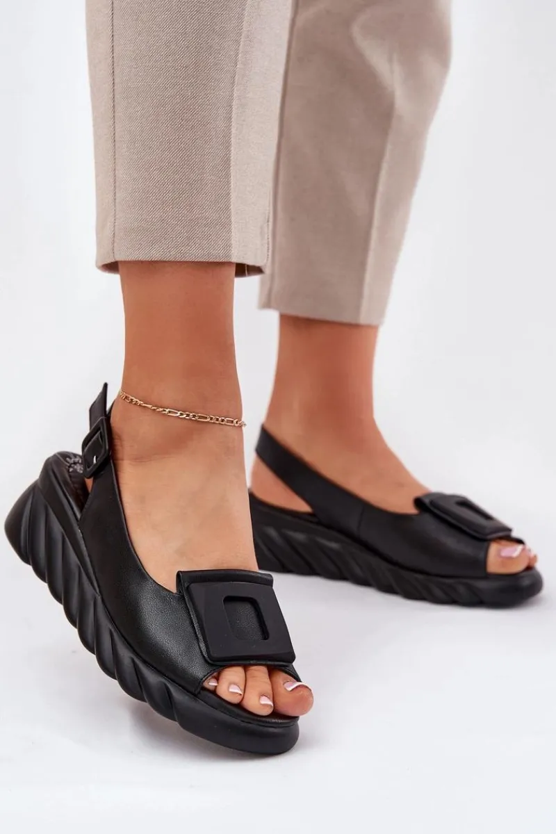 Skórzane Sandały Damskie Na Koturnie z Ozdobą 56C2156 Czarne Damskie Sandały Na Koturnie|Sandały Z Cholewką